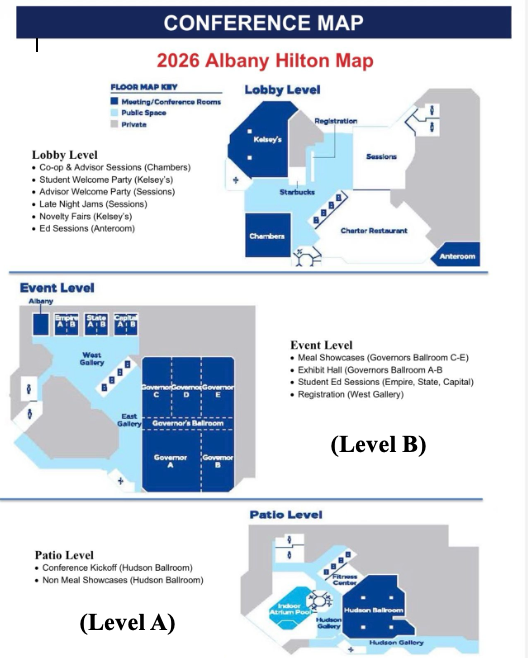 Albany Hilton conference map showing the Lobby Level, Event Level, and Patio Level with floor map keys and room locations.